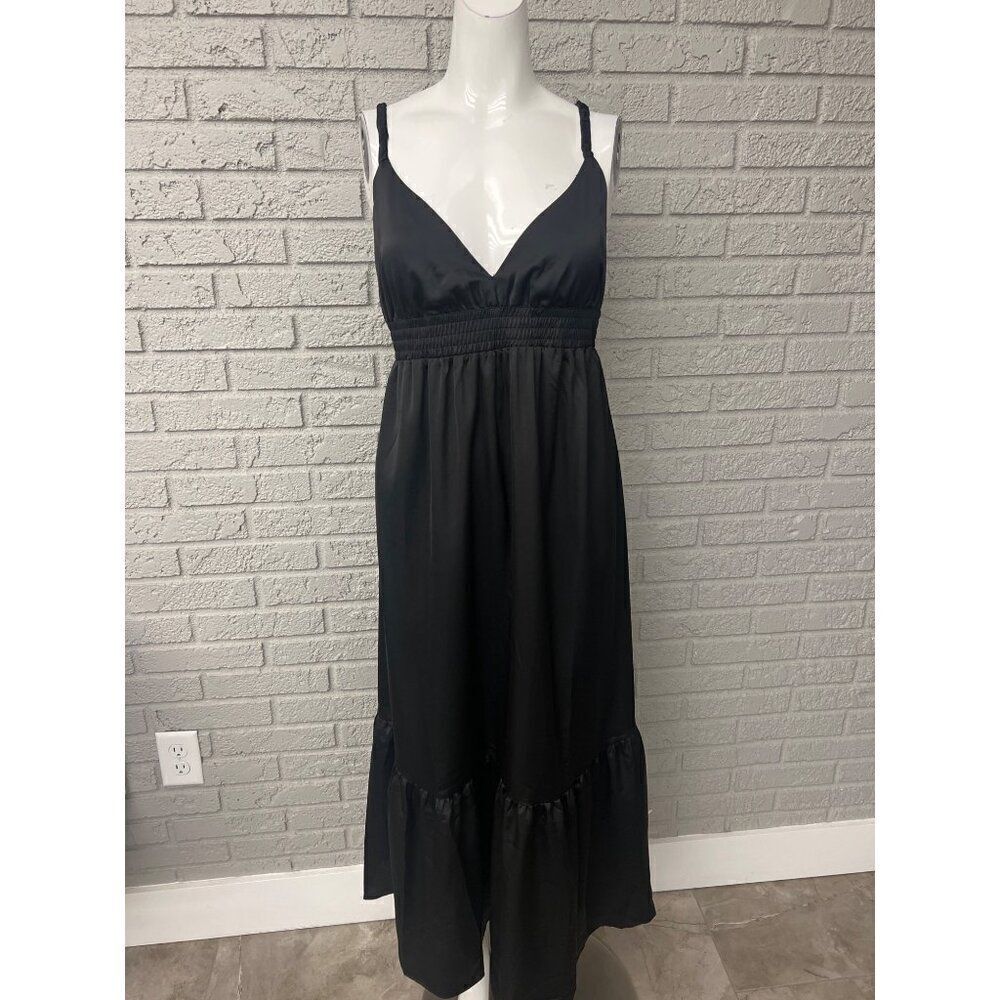 Inspired Hearts Women Black Satin Halter Dress with Cut-Out on Back Size L